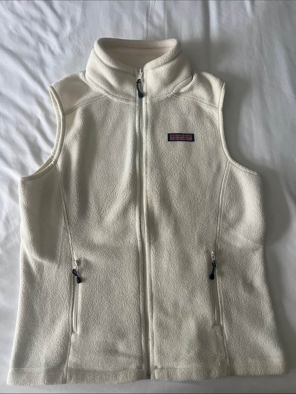 Vineyard Vines Ivory Fleece Zip-Up Vest with Logo Patch